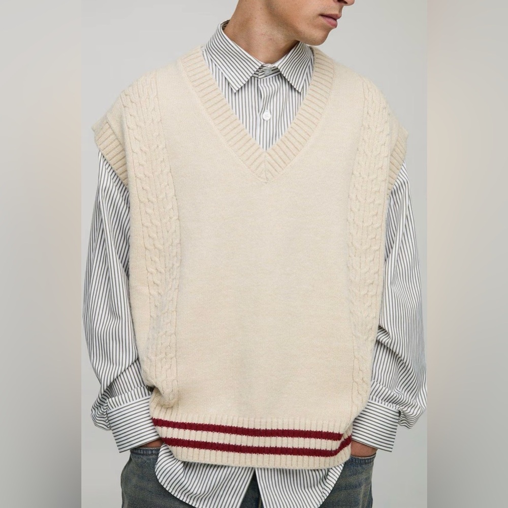 BoohooMAN Oversized Boxy V Neck Knitted Vest Taupe-M